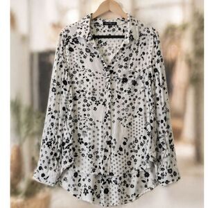 Velvet Heart Floral Button Down Blouse M Black White Cottagecore Monochrome